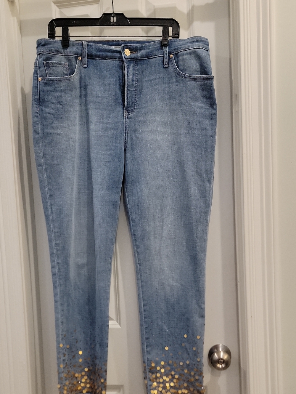 Chico's Light Blue Skinny Jeans with Gold Sequin Hem